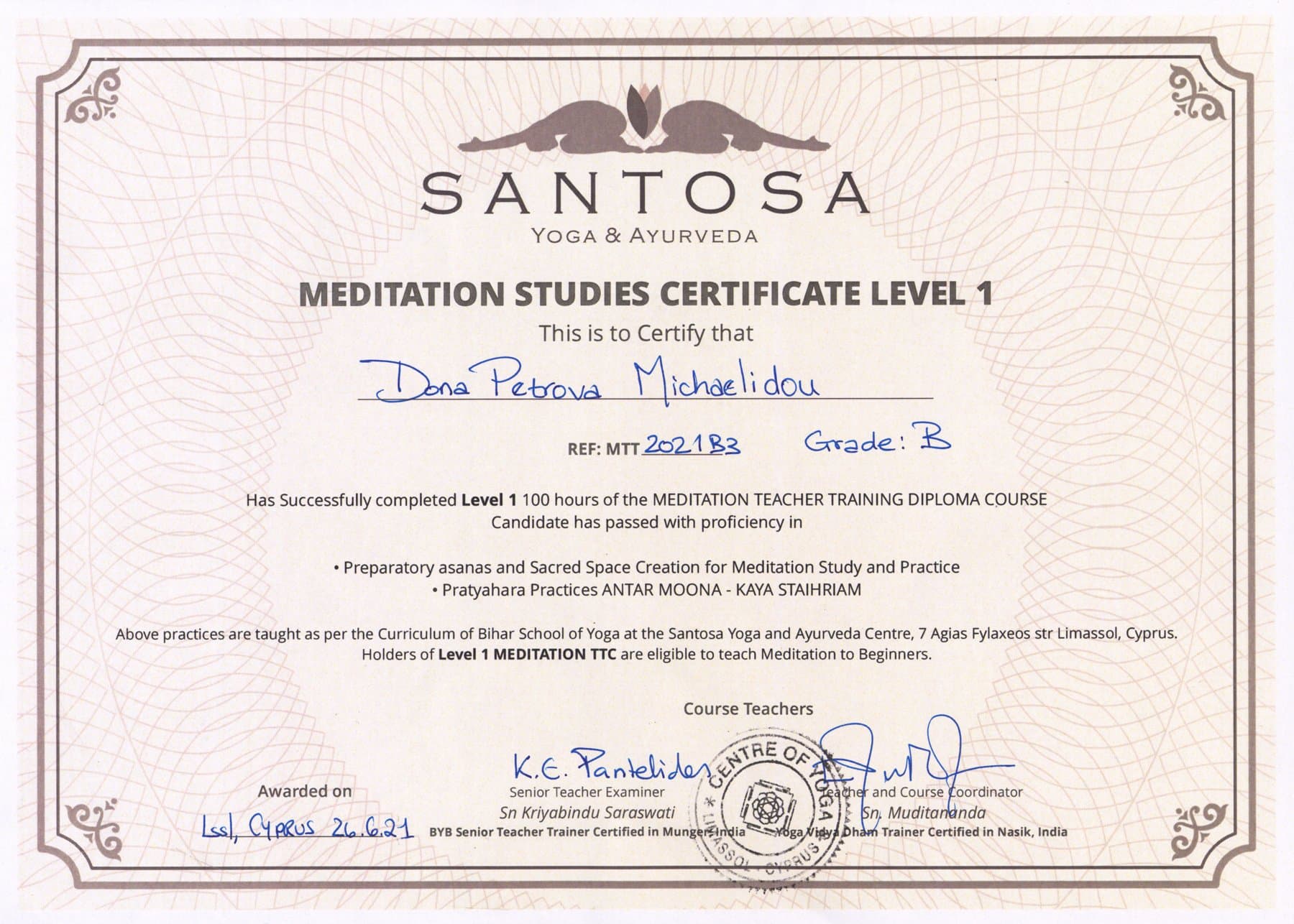 Meditation Studies Certificate Level 1 | Santosa Yoga & Ayurveda (Certified Teacher training in Pratyahara practices, Antar Mouna, and Ajapa Japa)